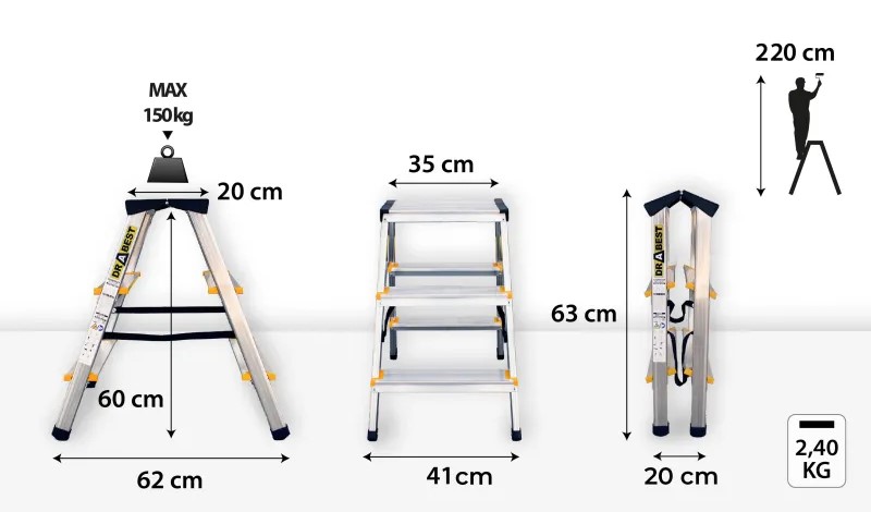 Hliníkové schůdky oboustranné, 2x3 stupně, 2,2 m, max. zátěž 150 kg