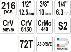 YATO Gola sada 1/2", 3/8", 1/4" + příslušenství 216 ks YT-38841