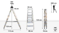 Hliníkové štafle oboustranné, 2x6 stupňů, 2,83 m, max. zátěž 150 kg