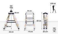 Hliníkové schůdky oboustranné, 2x3 stupně, 2,2 m, max. zátěž 150 kg