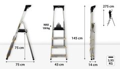 Hliníkové schůdky, 4 stupně, 2,75 m, max. zátěž 150 kg