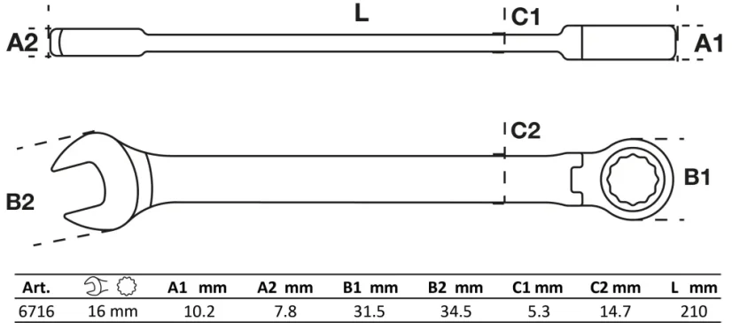Ráčnový očkoplochý klíč 16 mm s kloubem, BGS - B6716