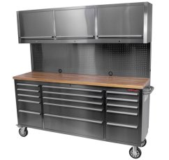 Pojízdný pracovní stůl s děrovanou deskou a horními skříňkami - AH7218