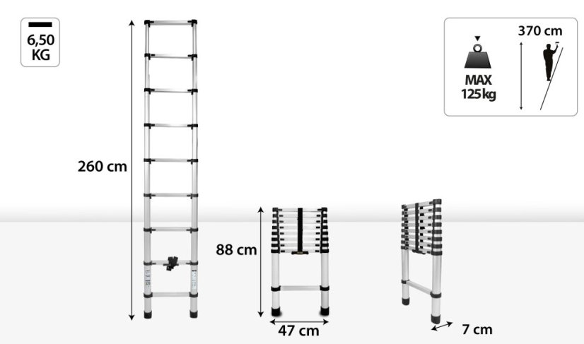 Hliníkový teleskopický žebřík, 9 stupňů, 2,6 m, max. zátěž 125 kg