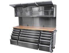 Pojízdný pracovní stůl s děrovanou deskou a horními skříňkami - AH7218