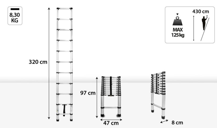 Hliníkový teleskopický žebřík, 11 stupňů, 3,2 m, max. zátěž 125 kg