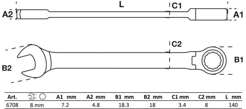 Ráčnový očkoplochý klíč 8 mm s kloubem, BGS - B6708
